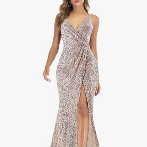A ARFAR Sequin Party Dress V-Neck Sphagetti Strap Dress Sexy High Slit Dress M